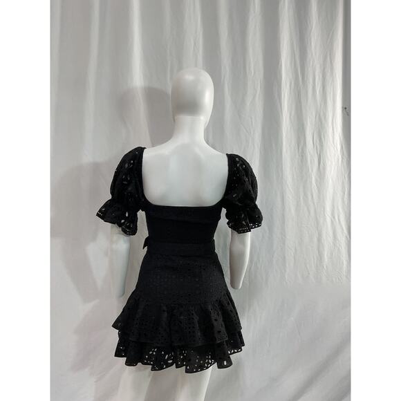 Charo Ruiz Denim Jean Off-The-Shoulder Black Belted Broderie Anglaise - Picture 3 of 5